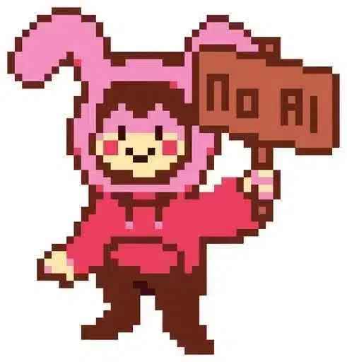 Chara - pixel art character in pink bunny outfit holding a No AI sign